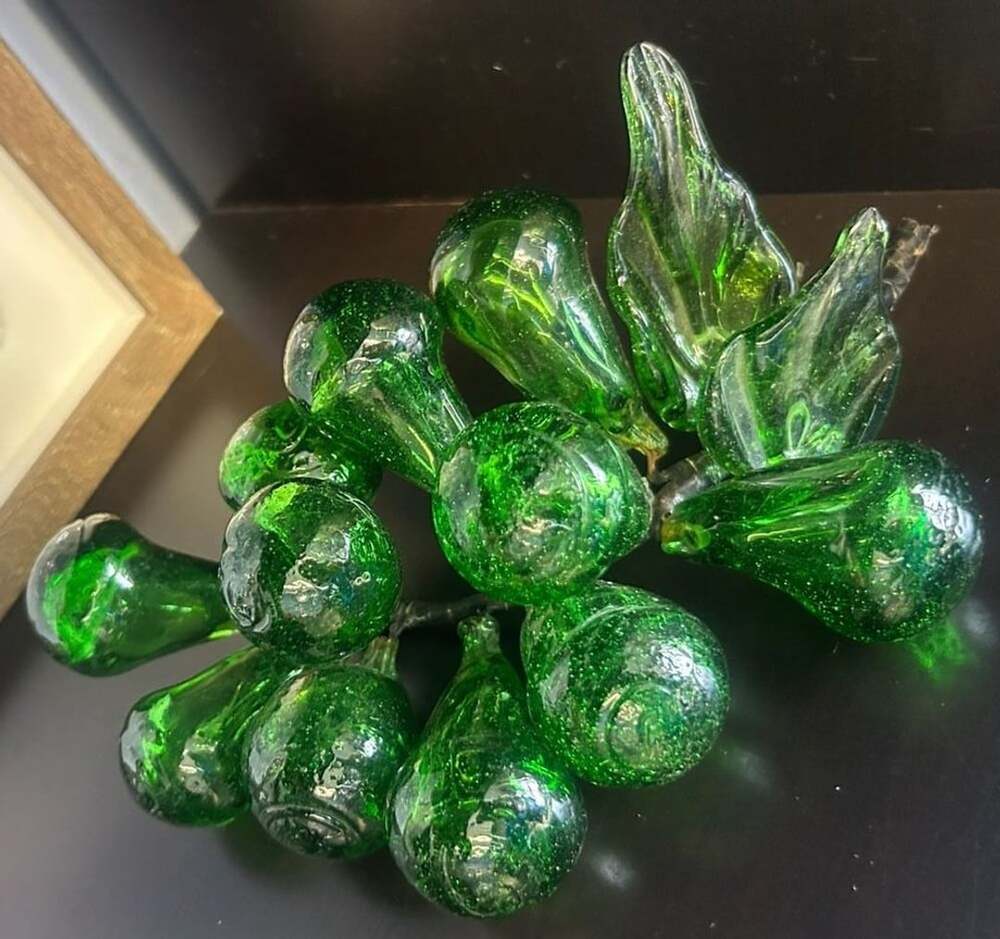 Vintage Mid-Century Hand Blown Emerald Green Art Glass Grape Cluster Decor
